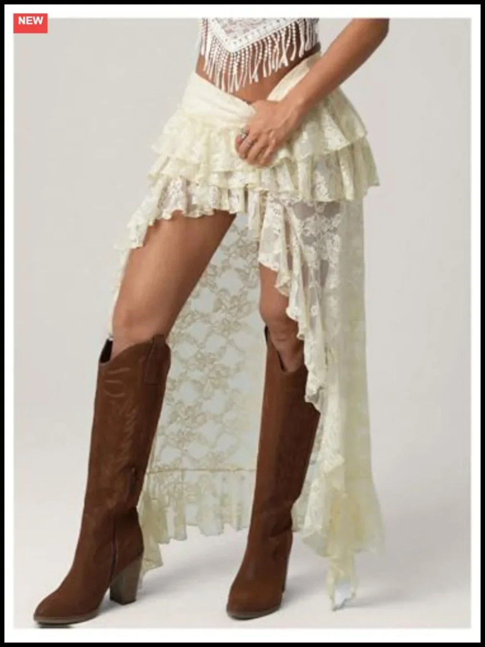 Lace Boho Maxi Skirt Asymmetrical Cowgirl Drop Waist Flowy Layered Western